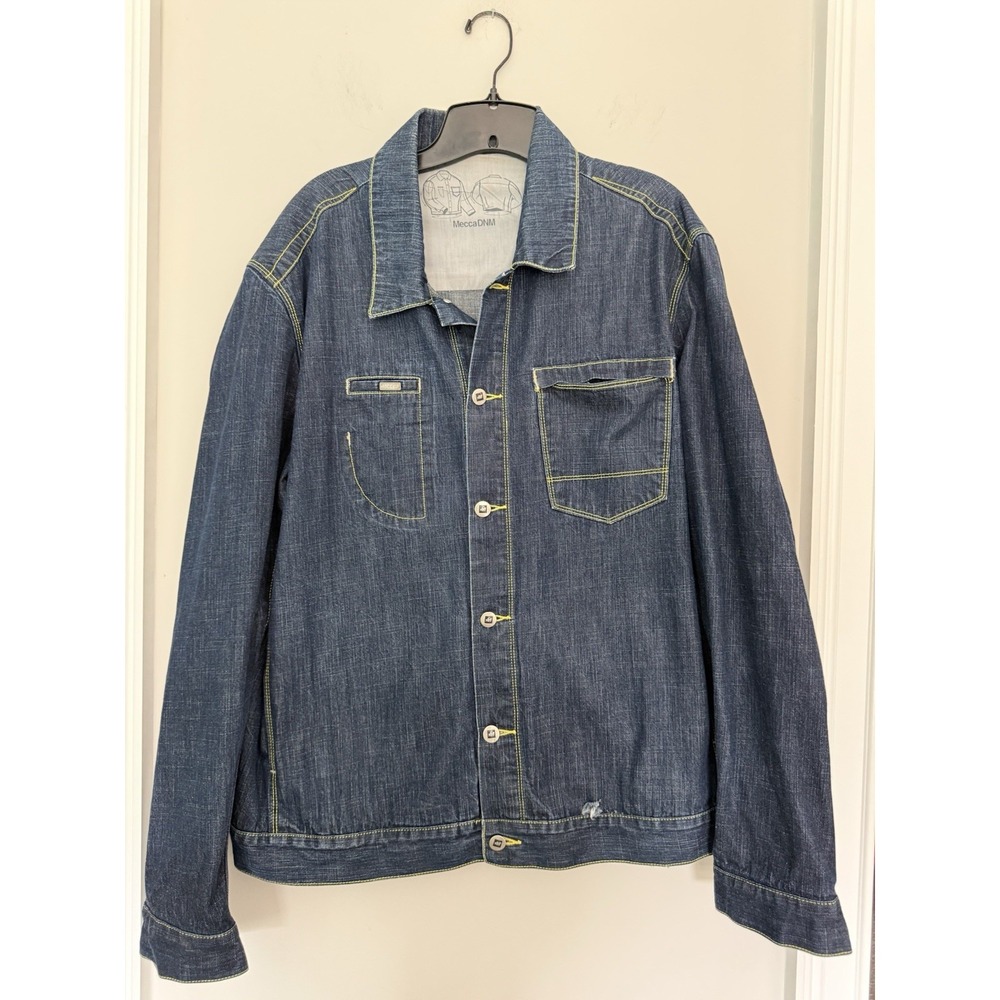 Mecca Mens Denim Jacket Sz L Button Up Y2K 90's Hip Hop Rap Trashed VTG - Picture 1 of 7